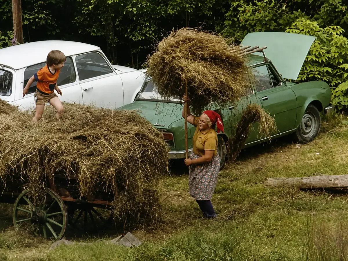 Svážení sena u chalupy, každodenní život v obci